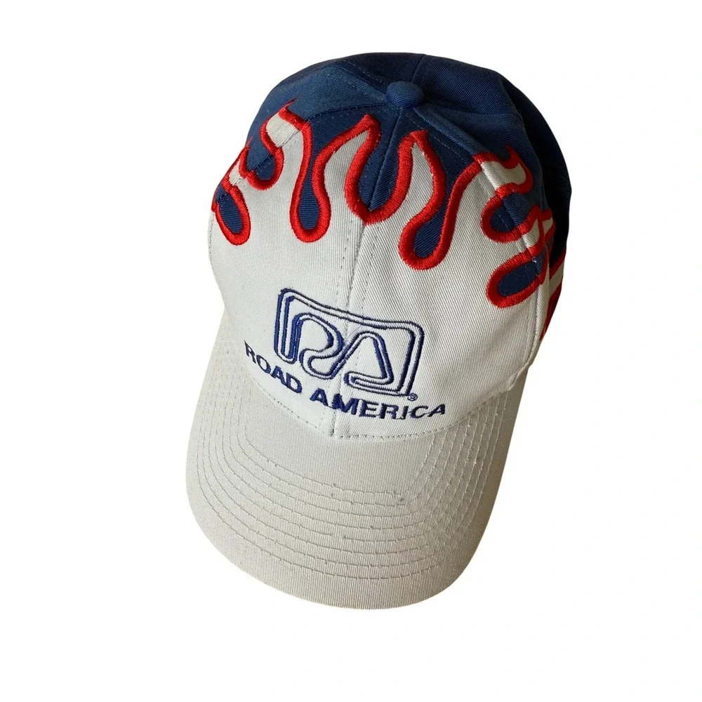 Road America‎ Flames Logo Baseball Cap Hat Men Blue White Red Racing Wisconsin